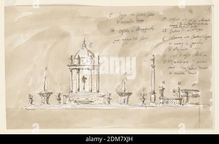 Design for a Table Centerpiece, Giuseppe Barberi, italienisch, 1746–1809, Feder und braune Tusche, Pinsel und braune Wäsche auf liniertem, cremefarbenem Büttenpapier, Tafelaufsatz 'esser' für die Familie Altieri., Rom, Italien, 1790-1799, Metallarbeiten, Zeichnung Stockfoto