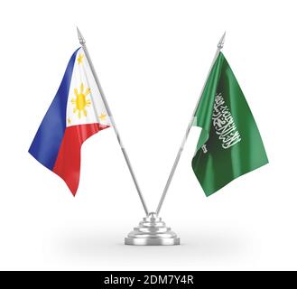 Saudi-Arabien und Philippinen Tischflaggen isoliert auf weißem 3D Rendering Stockfoto