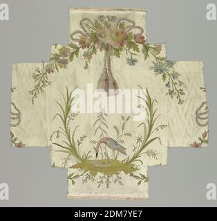 Fragment, Medium: Seide Technik: Bestickt auf einfarbigem Satin, Breite von cremefarbenen Satin mit Design in Pastell-Kette Stich und Noten von Schwarz. Seitlich darauf gesetzt: Gewölbte Girlande mit Bogen und schwere Quasten oben über kleine Landschaft mit kraenartigen Vogel über Schnecke gebogen gefangen. Seiten in Form von Armen des Kreuzes geschnitten. Zwei breite Selvages mit rosa Bleistiftstreifen, schmaler Stoffaußenkante., Frankreich, 18. Jahrhundert, Stickereien & Nähte, Fragment Stockfoto