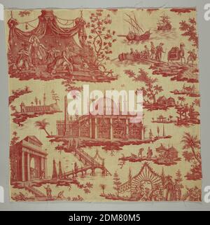 La foire du Caire (The Cairo Fair), Petitpierre et Cie, (Nantes, Frankreich, 1770–1848), Medium: Baumwolltechnik: Gedruckt mit Kupferstich auf Leinwandbindung, Szenen eines ägyptischen Basars. In rot auf weiß., Nantes, Frankreich, 1785–90, bedruckte, gefärbte & bemalte Textilien, Textil, Textil Stockfoto