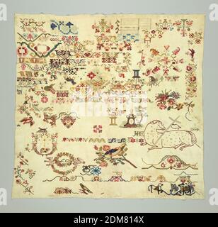 Sampler, Medium: Wollstickerei auf Baumwollfundament Technik: Kreuzbestickung, langarmigem Kreuz, Lauf, Doppellauf, Fischgrätmuster, und zurückgenommenes Element Arbeit auf Leinwandfundament, großer Sampler von Musterbändern und isolierten Motiven., Mexiko, 19. Jahrhundert, Stickereien & Nähte, Sampler Stockfoto