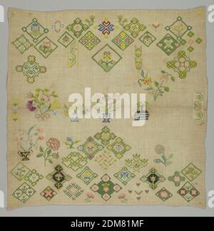 Sampler, Medium: Seidenstickerei auf Leinenfundament Technik: Gestickt in Rokoko-Stichen auf Leinwandfundament, 'Rokoko'-Stickmuster mit Diamantmotiven, Topfpflanzen und Blumensträußen auf dem gesamten Feld., Niederlande, 18. Jahrhundert, Stickereien und Stitching, Sampler Stockfoto