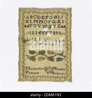 Sampler, Medium: Seidenstickerei, Wollgrundierung Technik: Kreuz-, Halbkreuz- und Satinstiche auf Leinwandbindung, Alphabete, Ziffern, florale Grenze und Text., Dublin, Irland, ca. 1835, Sticken & Nähen, Sampler Stockfoto