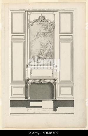 Tafel 3, 'Decoration de cheminée pour un Grand Apartement', Jacques-François Blondl, französisch, 1705 - 1774, Jean Mariette, 1660–1742, Gravur auf Papier, EIN einfaches Mantelstück mit gewelltem Umriss und einem rechteckigen Gemälde darüber, das den sitzenden Apollo mit einem Amor darstellt. Dekoration von Scrollwork auf dem oberen Teil des Rahmens. Verkleidung flankierenden Kamin besteht aus rechteckigen Feldern in der Reihenfolge ohne besondere Verzierungen. Unten, Profile der Formgebung. Beschriftet, oberer Rand: 'Decoration d'une Cheminée sans glace, à l'usage d'une Anti-chambre'; unten rechts: 'Mariette excudit' Stockfoto