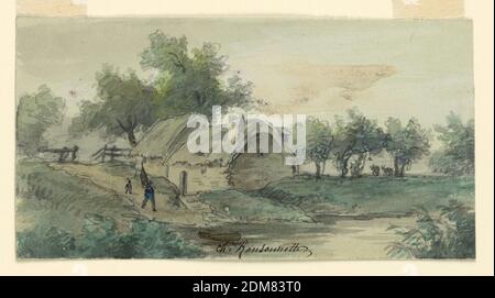 Landscape, Charles Nicolas Ransonnette, French, 1793 - 1877, Graphit, Pinsel und Aquarell auf hellgrünem Papier, EIN Mann, der scheinbar Farben trägt und ein Kind auf ein Boot zuläuft. Bäume sind im Hintergrund. Einige Kühe werden gezeigt., Frankreich, Paris, Frankreich, 1850-1875, Zeichnung Stockfoto