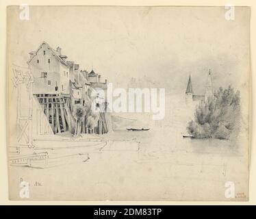 Poissy, seine-et-Oise, Eugène Edouard Soulès, französisch, 1811–1876, Graphit auf Papier, Häuser auf hohen Gerüsten am Ufer eines Flusses. Bäume sind auf der linken Seite. Boote sind auf dem Fluss. Im rechten Hintergrund erhebt sich eine Kirche über einer Baumgruppe. Geschrieben in der linken unteren Ecke: Poissy 1831., Frankreich, 1831, Zeichnung Stockfoto