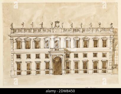 Erhebung eines Seitenflügels eines Palastes, Giuseppe Barberi, italienisch, 1746–1809, Feder und braune Tusche, Pinsel und braune Wäsche, rote Tusche auf liniertem, weiß gekleidetem Papier, der Eingang wird von vier Buchten links flankiert, fünf rechts, wo der Beginn einer Kolonnade dargestellt ist. Keller, erster Stock, Mansarde, Erdgeschoss. Eine Balustrade ist oben. Statuen stehen darauf und ein fürstliches Wappen ist in der Achse des Tores., Rom, Italien, 1780-1790, Architektur, Zeichnung Stockfoto
