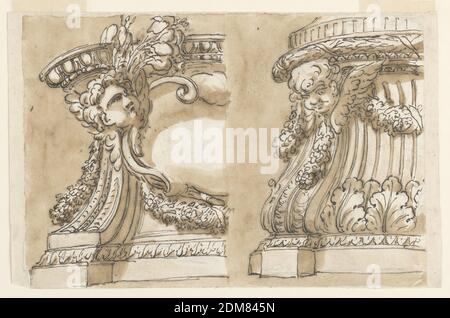 Sockel, Giuseppe Barberi, italienisch, 1746–1809, Feder und braune Tusche, Pinsel und braune Wäsche auf cremefarbenem Büttenpapier, gefüttert, zwei Hälften sind abgebildet. Links: Ein Scrollwork-Escutcheon ist vorne. Ein Cherub ist oben, links. Rechts: Die Vorderseite ist gerillt, mit einer doppelten Reihe von Blättern unten und einem Festoon oben. Eine Volute mit einem Cherub ist an der Seite. Oben wird eine Basis einer Spalte angezeigt. Farbiger Hintergrund., Rom, Italien, ca. 1780, Metallbearbeitung, Zeichnung Stockfoto