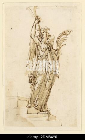 Design for Sculpture: Angel Blowing Trumpet, Leonardo Scaglia, Französisch, aktiv Italien, 1640 – 1650, Feder und braune Tinte, braune Wäsche, schwarze Kreide auf weißem Papier, auf weißem Papier gelegt, Engel ist rechts vorne abgebildet, nach rechts gedreht und Treppe hinunter; Er hebt seine rechte Hand, die eine Trompete unterstützt; die linke Hand hält einen Palmenzweig., Italien, Frankreich, Mitte 17.–Ende 17. Jahrhundert, Skulptur, Zeichnung Stockfoto