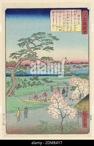 Cherry Blossom Viewing, Ando Hiroshige, japanisch, 1797–1858, Holzschnitt in farbiger Tinte auf Papier zeigt EIN Frühlingsdruck brillante Kirschblüten und verschiedene Menschen, die die Natur genießen. Einige Ältere sitzen auf einer gelben Decke, beobachten Kinder beim Spielen und andere unterhalten sich. Ein eingleisiger Boot im Hintergrund versteckt sich hinter einem Ast von der alten Kiefer., Japan, 1797-1858, Landschaften, Drucken Stockfoto