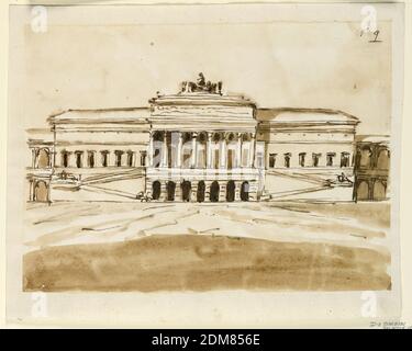 Palasthöhung, Giuseppe Barberi, italienisch, 1746–1809, Feder und braune Tusche, Pinsel und braune Wäsche auf liniertem, weiß gekleidetem Papier, der zentrale Teil der Erhebung ist eine Variation von dem in -1102, obere, eith Rampen, die seitlich bis zur Kolonnade im zweiten Stock führen. Seitlich sind die Anfänge von flankierenden Kolonnaden von zwei Etagen gezeigt., Rom, Italien, 1792-1795, Architektur, Zeichnung Stockfoto