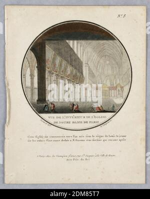 Vue de l'intérieur de l'église de Notre Dame de Paris, Nr. 8 (Blick auf die Außenseite der Kathedrale Notre Dame, Paris, Tafel 8) aus Vues pittoresques des principaux édifices de Paris, J. A. Campion, Französisch, aktiv 1750 - 1800, Jean Testard, Französisch, geb. 1740, Les Campion Frères, Paris, Frankreich, Gravur, Pinsel und Aquarell auf weißem Papier, drei kleine Gruppen von Menschen im leeren Kirchenschiff der Kathedrale Notre Dame in Paris. Unten der Titel, die Namen der Künstler und Verleger, und ein kurzer Kommentar., Paris, Frankreich, 1792, Print Stockfoto