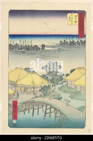 Yokkaichi: Nakio Bay and the Mie River (Yakkaichi, Nako no ura Miekawa) aus der Serie 53 Stations of Tokaido, Ando Hiroshige, japanisch, 1797–1858, Holzblock-Druck in farbiger Tinte auf Papier, Diese Szene des Mie River mit Blick auf die Nakio Bay ist eine transzendente Vogelperspektive des frühen Morgens. Während die Schiffe noch in der Nacht zuvor angedockt sind, überqueren nur wenige Leute die Brücke und fahren in die Stadt., Japan, 1797-1858, Landschaften, Drucken Stockfoto