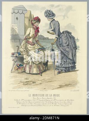 Fashion Plate von Le Moniteur de la Mode, J. Bonnard, französisch, aktiv 19. jh., Jules David, französisch, 1808 - 1892, Abel Goubaud et Fils, französisch, aktiv 19. jh., Gravur, Pinsel und Aquarell auf Papier, zwei Frauen an der Küste mit einem Hund. Links in gelb; rechts in einem grauen Kleid mit roten Punkten. Namen und Datum von Künstlern und Verlegern unten. Beschreibung auf verso., England, 1883, Print Stockfoto