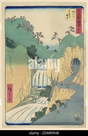 Sakanoshita: The Kannon in the Cave (Sakanoshita, Gankutsu no Kannon) von den 53 Stationen des Tokaido, Ando Hiroshige, japanisch, 1797–1858, Holzblock-Druck in farbiger Tinte auf Papier, hier zeigt die Szene Männer, die sich einer Höhle nähern. Drei andere Männer knien bereits im Gebet. Neben der Höhle befindet sich ein beeindruckender Wasserfall., Japan, 1797-1858, Landschaften, Drucken Stockfoto