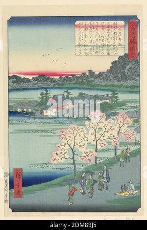 Cherry Blossom Viewing, Ando Hiroshige, japanisch, 1797–1858, Holzschnitt in farbiger Tinte auf Papier zeigt EIN Frühlingsdruck brillante Kirschblüten und schön kleiden Frauen, die die Natur genießen. Schwärme von Enten werden im Wasser gespielt, als ein Mann (unten rechts) geduldig sitzt und darauf wartet, dass Menschen Souvenirs kaufen., Japan, 1797-1858, Landschaften, Drucken Stockfoto