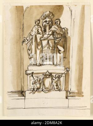 Design for a Tomb, Giuseppe Barberi, italienisch, 1746–1809, Feder und braune Tinte, Pinsel und braune Wäsche auf liniertem, cremefarbenem Papier, EINE Variation von -1291, obere Reihe links, ohne den oberen Teil des Sockels. Das Escutcheon wird von zwei Putten unterstützt, die Trompeten tragen; der linke sitzt, der rechte kniet. In der Mitte oben ist eine Flasche, geformt wie Urne mit Hals und Rand, auf der ein Helm sitzt. Die Frau links trägt ein Schwert. Der obere Teil der architektonischen Kulisse ist nicht abgebildet., Rom, Italien, ca. 1795, Architektur, Zeichnung Stockfoto