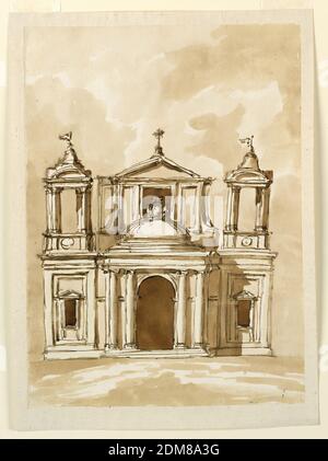 Erhebung einer Kirche, Giuseppe Barberi, italienisch, 1746–1809, Feder und braune Tusche, Pinsel und braune Wäsche auf liniertem, cremefarbenem Büttenpapier, Rom, Italien, 1746-1809, Architektur, Zeichnung Stockfoto