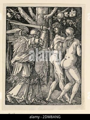 Adam und Eva aus dem Paradies vertrieben, aus der Kleinen Passionsreihe, Albrecht Dürer, Deutsch, 1471–1528, Holzschnitt auf Papier, Adam und Eva bewegen sich nach rechts, von einem geflügelten Engel verfolgt, mit einem hochgelobten Schwert in der linken Hand, und sanft schieben Adam mit seiner rechten. Monogramm von Dürer und Datum 1510 auf Tablette aufgehängt von Ast des Baumes oben rechts., Deutschland, 1510, Print Stockfoto