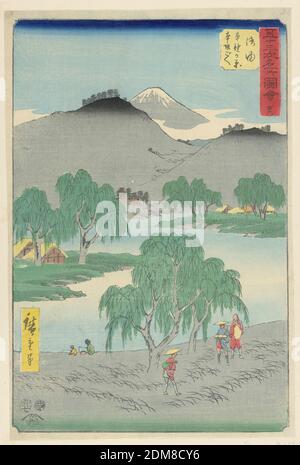 Goyu: Motono-ga-Hara und Motozaka Pass (Goyu, Motono-ga-Hara Motozaka goe) aus der Serie 53 Stationen des Tokaido, Ando Hiroshige, japanisch, 1797–1858, Holzblock-Druck in farbiger Tinte auf Papier, EINE Landschaftsansicht der Natur und Bäume mit einem ruhigen Gewässer zwischen den verschiedenen Elementen. Im Vordergrund stehen Menschen und beobachten zwei Kinder beim Fischen. In der Mitte befinden sich kleine Häuser mit Strohdächern. Der Berg Fuji ragt hinter einem Berg hervor und wird von einer neuen Schneeschicht gekrönt., Japan, 1797-1858, Landschaften, Drucken Stockfoto
