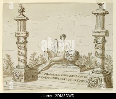 Entwurf für ein Sepulchral-Denkmal für den Kritiker Galilei, Giuseppe Barberi, italienisch, 1746–1809, Feder und braune Tinte, Pinsel und braune Wäsche, Graphit auf blauweiß gegossenen Papier, schräg und etwas unvollkommen aufgehüllt. Zwei Schritte führen zu einer Plattform. Apollo sitzt auf einem Sockel. Seine linke Hand liegt auf einer Urne. Inschrift auf der Vorderseite eines Sockels: 'QVI - GIACE. IL. GALILEI. CHE. SCRISSE. KONTRO / IL. TASSO. VIVE. E. LVI. E. MORTO. PER. SE.' An den vorderen Seitenecken der Basis sind Säulen vorragend, die Aufschriften tragen: 'PER IL. TASSO' UND 'NON PLVS. VLTRA.', beziehungsweise, und gekrönt von Urnen Stockfoto