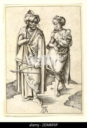 The Turkish Family, Albrecht Dürer, German, 1471–1528, graving on laid paper, the man wears a Turban and tragens a bow and arrow. Die Frau trägt einen Turban, ist barfuß und trägt das Baby., Deutschland, ca. 1495, Abbildungen, Druck Stockfoto