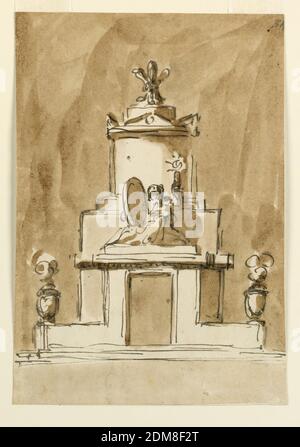Entwurf für ein Denkmal von König Louix XVI von Frankreich, Giuseppe Barberi, Italienisch, 1746–1809, Feder und braune Tinte, Pinsel und braune Wäsche auf liniertem, weißem Büttenpapier, die Erhebung eines Grabturms. Im Folgenden finden Sie einige Schritte. Das Türgehäuse ist vorspringende und seitlich von Brüstungen mit Urnen mit Flammen an ihren Enden verlängert. Über der Entablatur sitzt auf einer Basis. Glaube oder Religion, mit der rechten Hand ein Medaillon in ihrem Schoß stehend, mit der rechten Hand eine Monstranz hebend. Neben ihr befindet sich die Fortsetzung der Wand in Form eines Sockels. Darüber steht eine Art Graburne Stockfoto