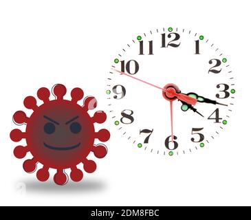 Ein isolierter Schuss eines Virus mit einem bösen Lächeln Neben einer Uhr auf weißem Hintergrund Stockfoto