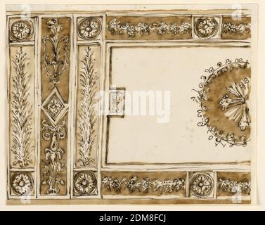 Entwurf für eine gestickte Frontseitenspitze, Giuseppe Barberi, italienisch, 1746–1809, Feder und braune Tinte, Pinsel und braune Wäsche auf liniertem, weiß gekleidetem Papier, die linke Hälfte ist abgebildet. Eine längliche Tafel mit einem Kreuz in einem Rand, geteilt in längliche und quadratische, mit Rosetten in den Ecken, und über und unter den seitlichen Teilen des Medaillons. In den seitlichen Oblongs steigt die Garbe aus dem Kelch auf. Daneben ist ein weiterer Rahmenstreifen mit einem Kerzenleuchter. Es wie in seiner Mitte eine Raute mit einer Rosette. Außen ist eine Wiederholung des ersten Streifens., Rom, Italien, 1780-1790, Sticken & Nähen, Zeichnung Stockfoto