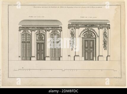 Dekoration der beiden Vestibüle im Hotel Roquelaure, Jean-Baptiste Le Roux, französisch, 1677 - 1746, Jean Mariette, 1660–1742, Radierung auf Papier, Erhebungen der beiden Vestibüle, jeweils mit Doppeltür. Das eine, links, hat Fenster, die die Tür flankieren. Die zweite, rechts, ohne Fenster. Die seitlichen Buchten mit den Trophäen des Krieges geschmückt. Ähnliche Dekoration an beiden Deckenbuchten. Beschriftet, oberer Rand: 'Decorations intericures des vestibules de l'Hôtel de Roquelaure à Paris du dissein de M. le Roux Architecte'; unten rechts: 'Mariette excu.', Frankreich, ca. 1727, Drucken Stockfoto