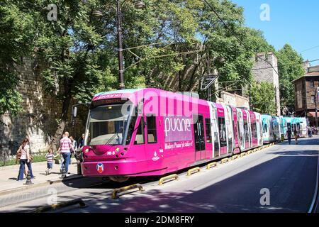 ISTANBUL - MAY 18, 2014 - Colorful tram rapid transit heads down to the Golden Horn  in Istanbul, Turkey Stockfoto