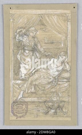 Klassische Szene, Francis Augustus Lathrop, Amerikaner, 1849 - 1909, Pinsel und weiße Gouache, Graphit auf cremefarbenem Papier, stehende Figur mit Lampe, links, an der Bettseite einer schlafenden Frau, rechts. Räuchergefäß vor ihr. Schiff im Hintergrund, eingerahmt von Gardinen im Fenster., USA, ca. 1895, Figuren, Zeichnung Stockfoto