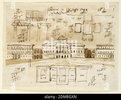 Palasthöhe, Giuseppe Barberi, italienisch, 1746–1809, Feder und braune Tusche, Pinsel und braune Wäsche auf liniertem, cremefarbenem Papier, Mitte: Der größte Teil der Höhe ist abgebildet. Drei Häuser sind durch zwei Kolonnaden verbunden, wie in -1105 gezeigt. Die Höhe der zentralen ist ähnlich wie die von -1105, aber es zeigt eine Kuppel. Die Seitenhäuser haben jeweils drei Stockwerke; alternative Vorschläge für ihre Dekorationen werden gezeigt. Unten ist der Plan und die Konten. Oben sind vermutlich eine Skizze der Entablatur und des Daches des linken Gebäudes, ein Plan, Konten und eine Inschrift., Rom, Italien, 1792 Stockfoto