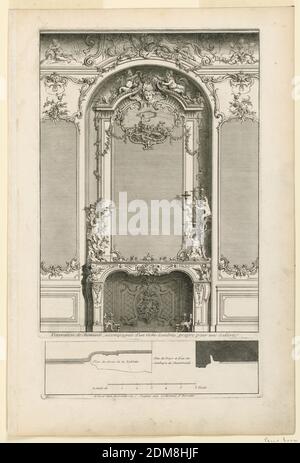 Teller 2, 'Decoration de cheminée pour un Grand Apartement', Jacques-François Blondl, französisch, 1705 - 1774, Jean Mariette, 1660–1742, Gravur auf Papier, gedruckt von zwei Platten. A) ein reich dekorierter Kamin mit Spiegel in einer flachen Nische. Dekoration: Laub, Blumen, Putti und ein Gemälde, das die Geburt der Venus im oberen Teil des Spiegels darstellt. Kerzenständer mit Putti auf Mantelstück. B) Wandprofile mit Legende. Eingeschrieben am unteren Rand VON A: 'Decoration de Cheminée, accopagnée … Une Gallerie'; am unteren Rand von B: 'A Paris chez Mariette … d’Hercules Stockfoto