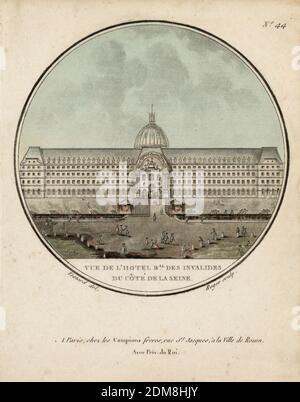 Hôtel des Invalides, Platte 44 aus 'Vues Pittoresques des Princepaux Édifices de Paris', Les Campion Frères, Paris, Frankreich, L. Roger, Französisch, aktiv 18. Jahrhundert, Jean Testard, Französisch, geb. 1740, Gravur und Pinsel und Aquarelle auf Papier, Blick auf die Hôtel des Invalides von der seine, Gesicht auf. Figuren im Vordergrund. Titel, Künstler- und Verlagsnamen unten., Europa, Paris, Frankreich, 1792, Print Stockfoto