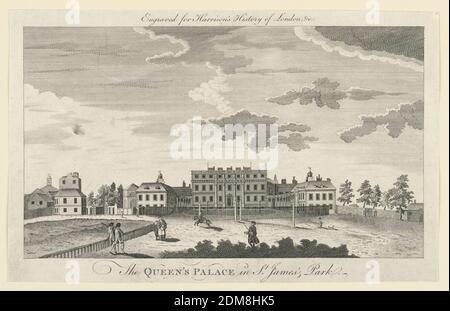 The Queen's Palace in St. James's Park, from Walter Harrison's History of London, John Cooke, English, acitve 18th c., Gravur auf Papier, die Ansicht ist aus St. James's Park, London, mit St. James's Palace (bezeichnet als "Queens' Palace") im Hintergrund. Varoius Figuren im Vordergrund. Unten eingeschrieben: 'THE QUEEN'S PALACE in St. James's Park'; oben: 'Graved for Harrisons' History of London, etc.', London, England, ca. 1750, Drucken Stockfoto