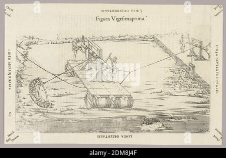 Platte XXI aus Theatrum instrumentorum et Machinarum, Julio Paschale, Holzschnitt auf Papier, Machien zum Abräumen des flachen Wassers von Felsen. Ein Floß auf Fässern, mit einer Winde, die von zwei Männern gedreht wurde. Links, großer Kamm am Seil befestigt, zum Floß gezogen. Das Floß verankerte an gegenüberliegenden Ufern durch zwei andere Winden, mit je zwei Männern. Beschreibung in lateinischer Sprache auf Rückseite von 1949-152-217., Europa, 1582, Print Stockfoto