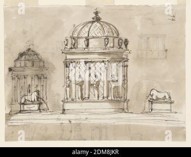 Fontänen, Giuseppe Barberi, italienisch, 1746–1809, Feder und braune Tusche, Pinsel und braune Wäsche auf cremefarbenem Büttenpapier, IN der Mitte des Beckens STEHT EIN runder Pavillon, in den Wasser aus den Mündungen zweier Löwen auf Sockel fließt. Die Wand des Pavillons besteht aus Gitterwerk und Statuen, die auf einem Dado zwischen den Säulen stehen. Der Löwe, links, wird über einen Teil der vorbereitenden Skizze des Pavillons gezeichnet. Der Hintergrund ist farbig. Rückseitig: Obere Reihe, links: Eine Skizze, die einem Spaten ähnelt. Zweite Reihe: Skizze für eine Kolonnade und zwei Skizzen von Pavillons (wahrscheinlich Cafeauses). Stockfoto