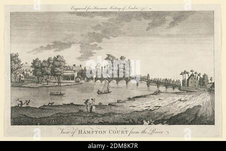 Blick auf Hampton Court von der Themse, von Walter Harrison's History of London, John Cooke, Englisch, Acitve 18th c., auf Papier graviert, wird der Blick auf die Themse genommen, die in der Mitte durch eine Holzbrücke überspannt wird. In der linken Entfernung erscheinen die Gebäude des Hampton Court Palace. Unten eingeschrieben: 'Ansicht von HAMPTON COURT vom Fluss', und oben: 'Graviert für Harrison's History of London, etc.', London, England, ca. 1750, Drucken Stockfoto