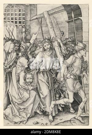 Christus trägt das Kreuz (Weg zum Kalvarienberg), aus der Serie die Passion Christi, Martin Schongauer, Deutsch, 1450–1491, Gravieren auf Papier, Christus ist in der Mitte der Komposition dargestellt, das Kreuz tragend. Er bewegt sich nach rechts, gefolgt von einer großen Menge, und vorausgegangen von einem Mann hält ein Seil an der Taille Christi befestigt., Deutschland, ca. 1485, Abbildungen, Druck Stockfoto