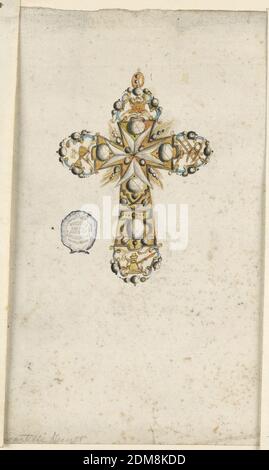 Design für ein Malteserkreuz Anhänger, Stift und Tinte, Pinsel und Aquarell auf Papier, soll in Emaille und Diamanten ausgeführt werden. Unten Instrumente der Leidenschaft., Italien, 1725–1750, Schmuck, Zeichnung Stockfoto