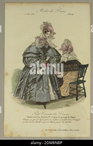 Fashion Plate von Le Mercure des Salons, Modes de Paris, S & J Fuller, britisch, 1809 - 1862, Holzstich, Pinsel und Aquarell auf Papier, zwei Frauen in rosa und weißen Hauben. Einer steht links in einer blauen redingote, der andere rechts in einer cremefarbenen, mit Schwarz getrimmten. Titel und Verlegername unten., England, 1836, Print Stockfoto