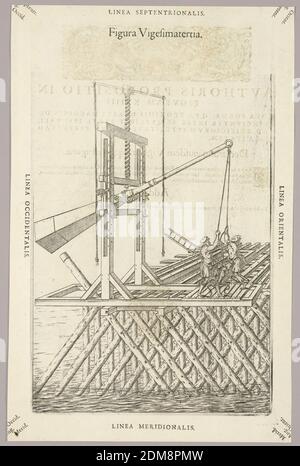 Platte XXIII aus Theatrum instrumentorum et Machinarum, Julio Paschale, Holzschnitt auf Papier, Maschine zum Anfahren diagonaler Pfähle für Pfähle, etc. EIN Pfähle mit einem Seil an einem Ende, rechts, gezogen von wo man, und ein großes rechteckiges Gewicht am anderen, wird schräg auf den Pfähle fallen gelassen. Es wird von einem Holz- und Seilrahmen unterstützt. Beschreibung in lateinischer Sprache auf Rückseite von 1949-152-220., Europa, 1582, Print Stockfoto