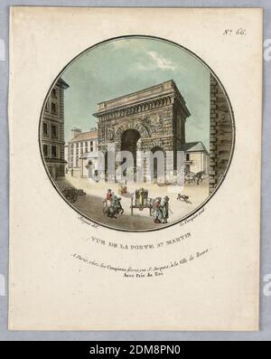 Porte St. Martin, Tafel 63 aus 'Vues Pittoresques des principaux Édifices de Paris', Les Campion Frères, Paris, Frankreich, J. A. Campion, französisch, aktiv 1750 - 1800, Antoine-Louis-François Sergent-Marceau, französisch, 1751 - 1847, Gravur und Pinsel und Aquarelle auf Papier, GROSSER Steinbogen mit Waggons, Waggons, Waggons, Und Figuren auf der Straße davor. Titel, Künstler- und Verlagsnamen unten., Europa, Paris, Frankreich, 1792, Print Stockfoto