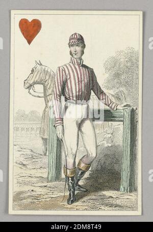 Englischer Jockey, Herz-Bube aus dem Set der 'Jeu Imperial–Second Empire–Napoleon III' Spielkarten, F. Chardon, Französisch, aktives 19. jahrhundert, Lithographie auf glasierten Papier, englischer Jockey, Herz-Bube aus dem Set der 'Jeu Imperial–Second Empire–Napoleon III' Spielkarten., Paris, Frankreich, 1858, Spielzeuge & Spiele, Spielkarte, Spielkarte Stockfoto