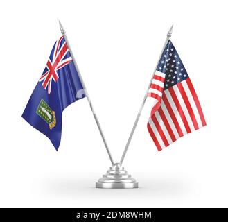 Vereinigte Staaten und Jungferninseln Britische Tischflaggen isoliert auf Weißes 3D-Rendering Stockfoto