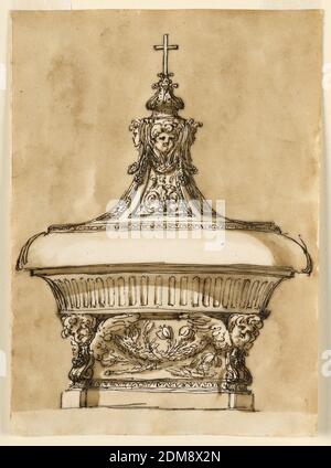 Design for a Taufbecken Font, Giuseppe Barberi, italienisch, 1746–1809, Feder und braune Tinte, Pinsel und braune Wäsche auf liniertem, weiß gekleidetem Papier, die Schale ist niedrig und in den geriffelten Körper und einen großen Rand unterteilt. Der Deckel hat die Form eines runden Sockels mit Cherubim über Festoons. Unterstützt wird sie von einer hohen Vase, deren oberer Teil vorne mit Lilienästen und einem Festoon verziert ist. An den schrägen Seiten sind Voluten, mit Cherubim oben., Rom, Italien, ca. 1775, Architektur, Zeichnung Stockfoto