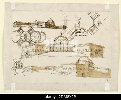 Skizzen für einen Palast, Giuseppe Barberi, italienisch, 1746–1809, Feder und braune Tusche, Pinsel und braune Wäsche auf liniertem, cremefarbenem Büttenpapier, Mitte: Eine Höhe: Zwei schräg angeordnete Flügel flankieren den zentralen Kuppelabschnitt, der eine Kolonnade in voller Breite zeigt. Treppen oder Rampen führen zu ihm. Mehrere Pläne beschäftigen sich mit der Idee, dass Flügel aus einem zentralen Abschnitt ausstrahlen. Oben links, unten rechts: Zwei Ansichten. Die Kuppel erhebt sich aus einem Seitenflügel., Rom, Italien, 1792-1795, Architektur, Zeichnung Stockfoto
