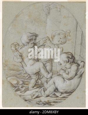 Three Putti: Design for a Grisaille Painting, Jacob de Wit, 1695 – 1754, Graphit, Pinsel und Wasch auf schwerem blauem Papier, zwei Putti, von denen man einen Narrenstab hält, tanzen zur Musik einer Flöte, die von einem dritten Putto gespielt wird. Die Szene ist vor einem architektonischen Hintergrund., Niederlande, ca. 1750, Figuren, Zeichnung Stockfoto