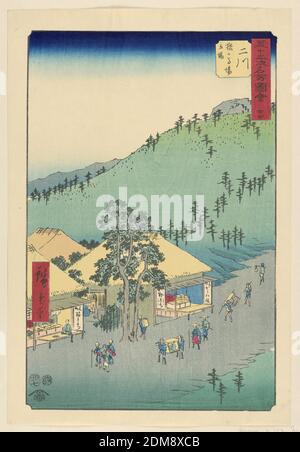 Futakawa: Post House on Monkey Plain (Futakawa, Sarugababa tateba) from the Series 53 Stations of the Tokaido, Ando Hiroshige, Japanese, 1797–1858, Woodblock Print (ukiyo-e) on Maulbeerpapier (washi), Ink with color, Diese Szene zeigt eine Spur von Menschen, die die Straße hinauf reisen. An der Basis des Drucks ist ein Rastpunkt, wo die Menschen für Tee oder Nahrung anhalten können. Jenseits der Straße ist eine schöne Landschaft Szene, die typisch ist in einem Hiroshige Druck., Japan, 1797-1858, Landschaften, Drucken Stockfoto